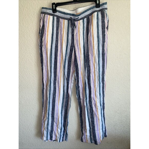Old Navy Wide leg Pants Striped Linen Blend Large Drawstring Flowy Beach Light - Picture 1 of 10